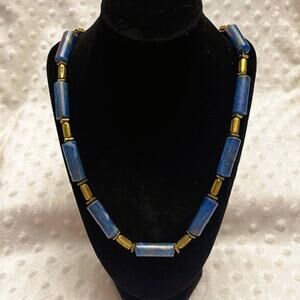 Vintage Handcrafted Blue & Gold Tube Lucite Beaded 16" Necklace